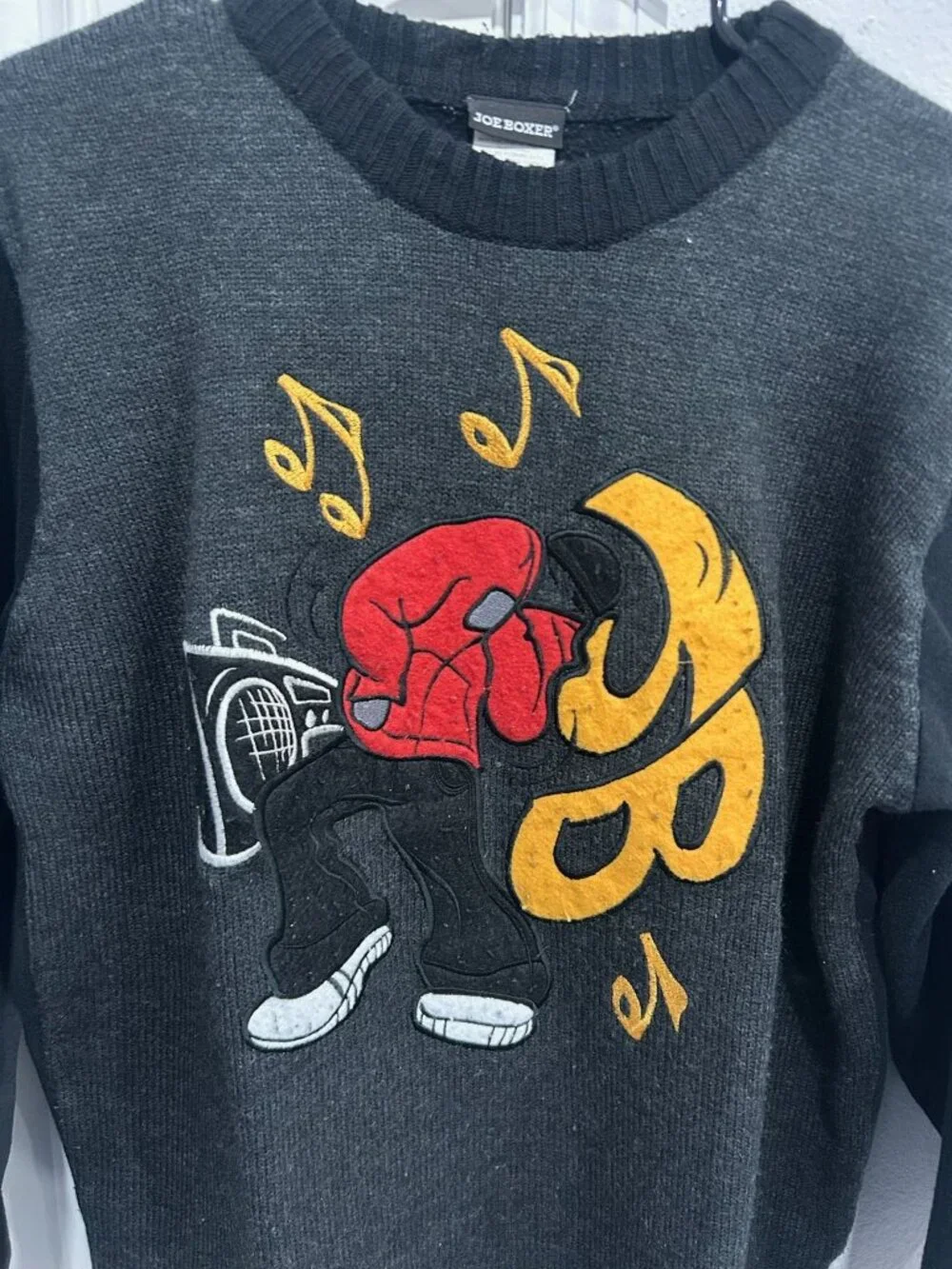Joe Boxer 14/16 Black Hip Hop Graphic Knit Sweater Retro Y2K Vintage